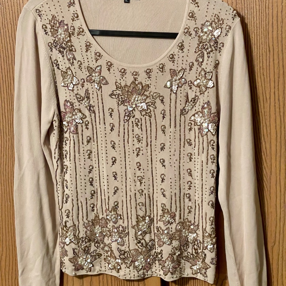PIERRI NEW YORK SIZE XL TOP BEIGE SEQUINS BEADS PEARLS EMBELLISHED FRONT - Picture 2 of 5